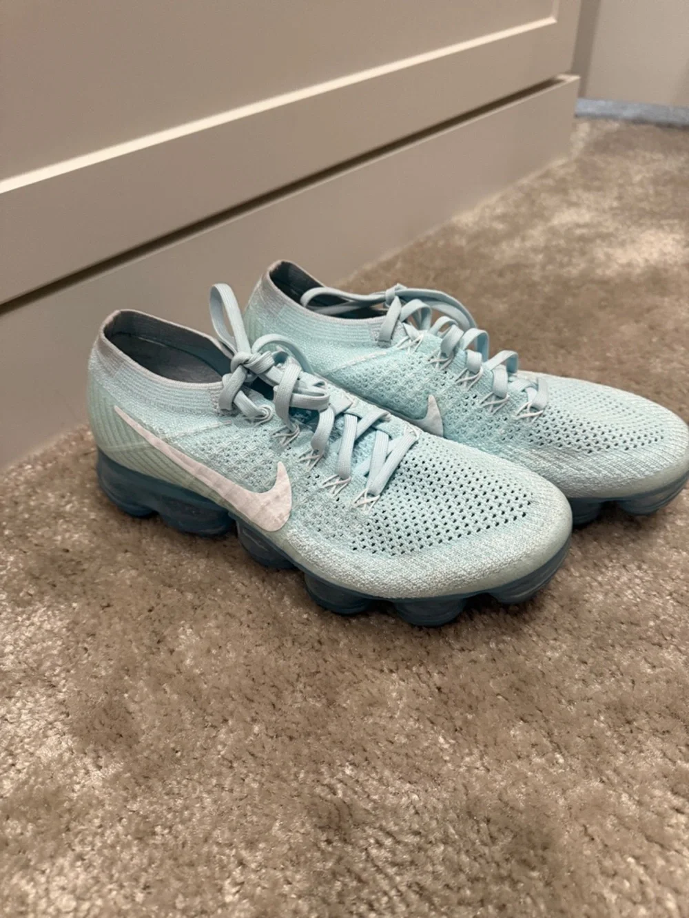 Nike VaporMax Flyknit Sneakers in Light Blue with White Swoosh - Picture 1 of 3